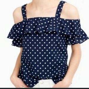 J.Crew Navy Polka Dot Cold Shoulder Ruffled Top